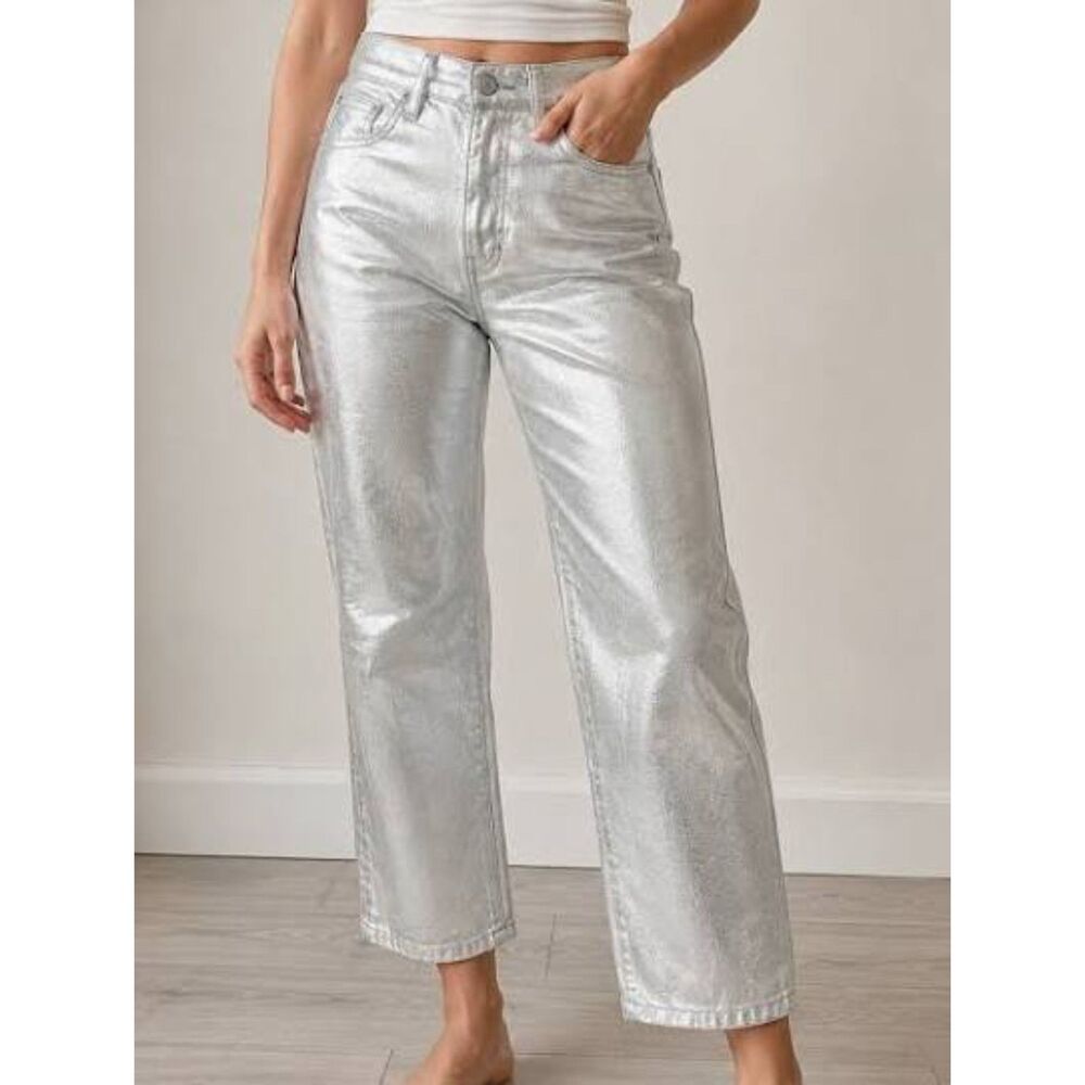 Lucky Brand Metallic Silver Jeans The Baggy Rigid Straight Wide Leg NEW 8/29